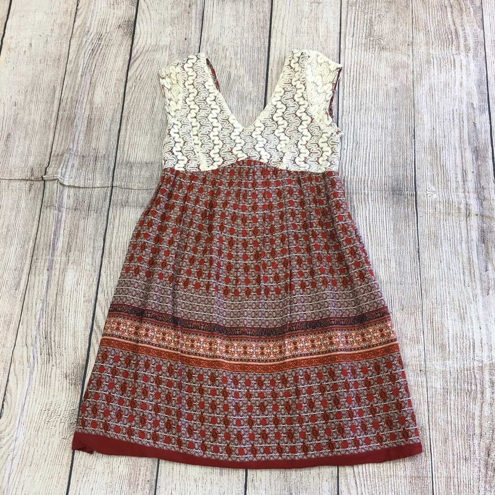 😍Doe&Rae Rust Patterned with Cream Lace Mini Dress Tie in Back Size Large